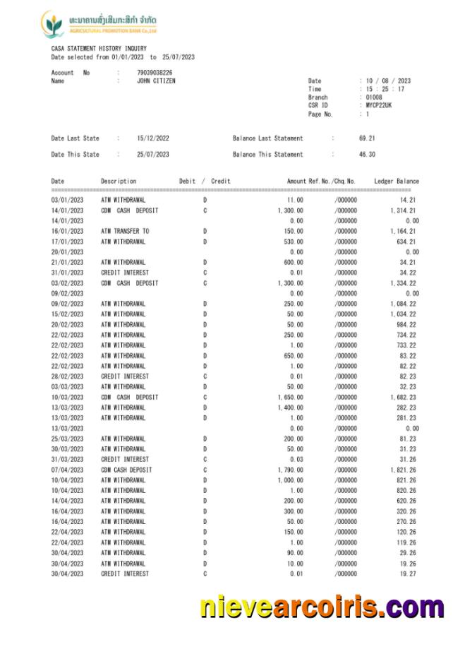 Laos Agricultural Promotion Bank statement Word and PDF, 3 pages scr